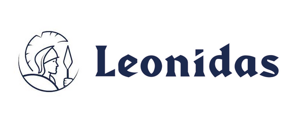 logotipo leonidas horizontal, fundo branco e simbolo espartano e palavra "leonidas" em azul escuro