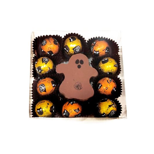 Caixa transparente Plexi Halloween com fantasminha de marshmallow e bolinhas de chocolate praline de avelã Leonidas