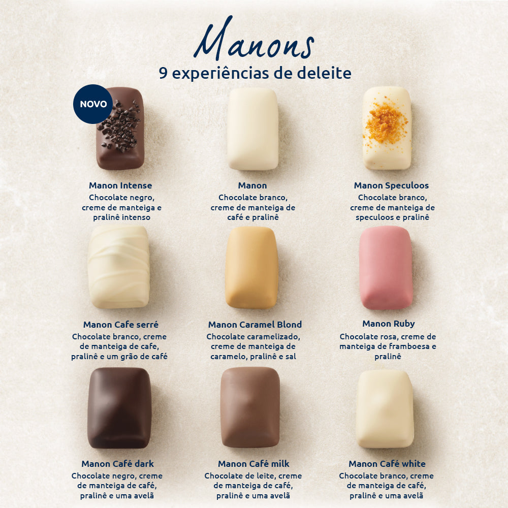 coleção de manons edição limitada com vários sabores e com a novidade do Manon Intense (de chocolate negro, creme de manteiga e praline intenso)